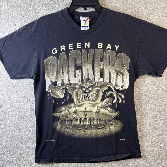 Vintage Green Bay Packers Taz Shirt Men Large Faded Black Looney Tunes 1995 USA - Picture 2 of 12